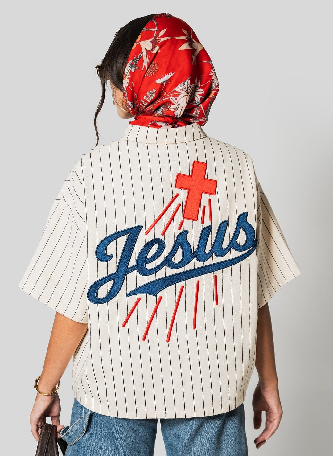 Jesus Button Up – Off-White Pinstripe (Unisex)