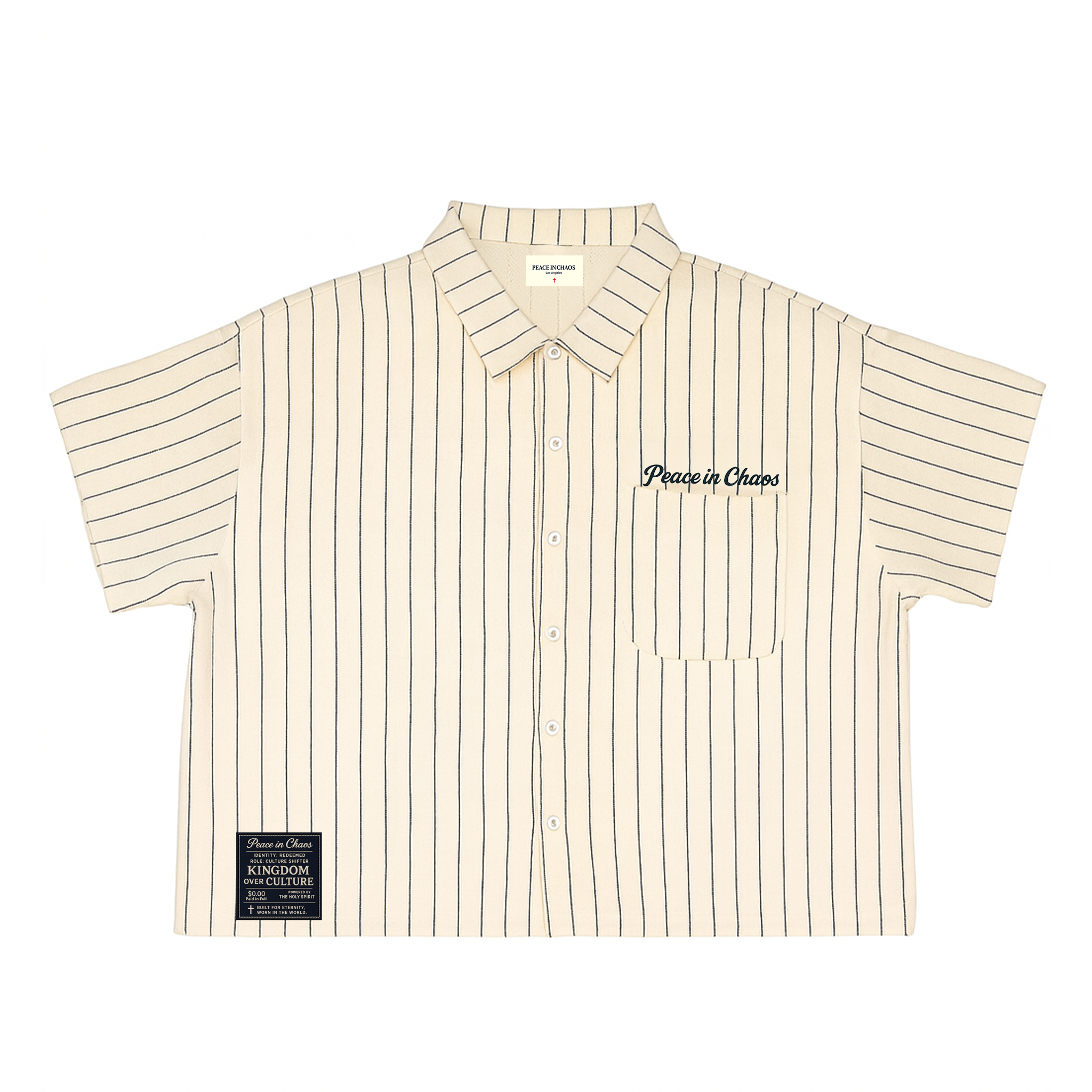 Jesus Button Up – Off-White Pinstripe (Unisex)