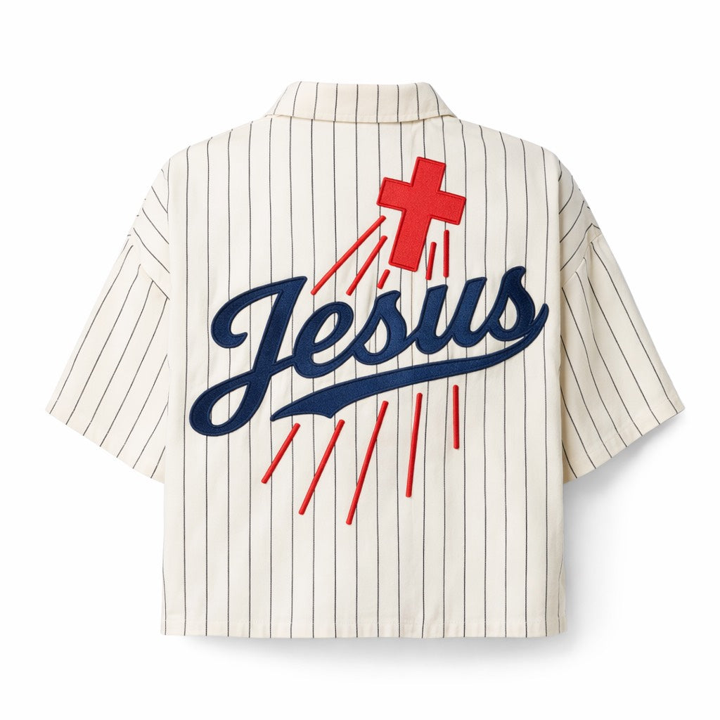 Jesus Button Up – Off-White Pinstripe (Unisex)